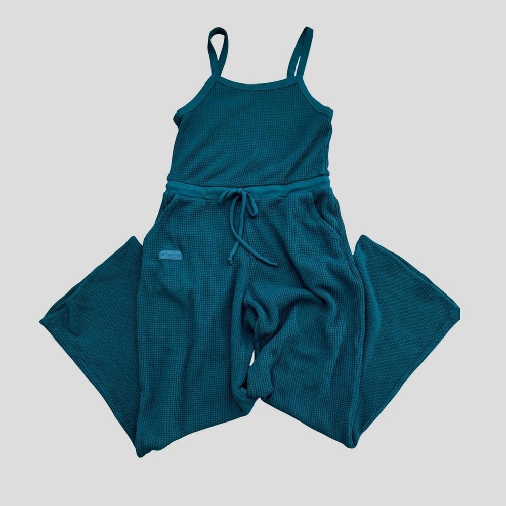 SET ACTIVE Knit Jumpsuit Wide Leg Green  Lounge Cami Thermal Waffle size XS $165